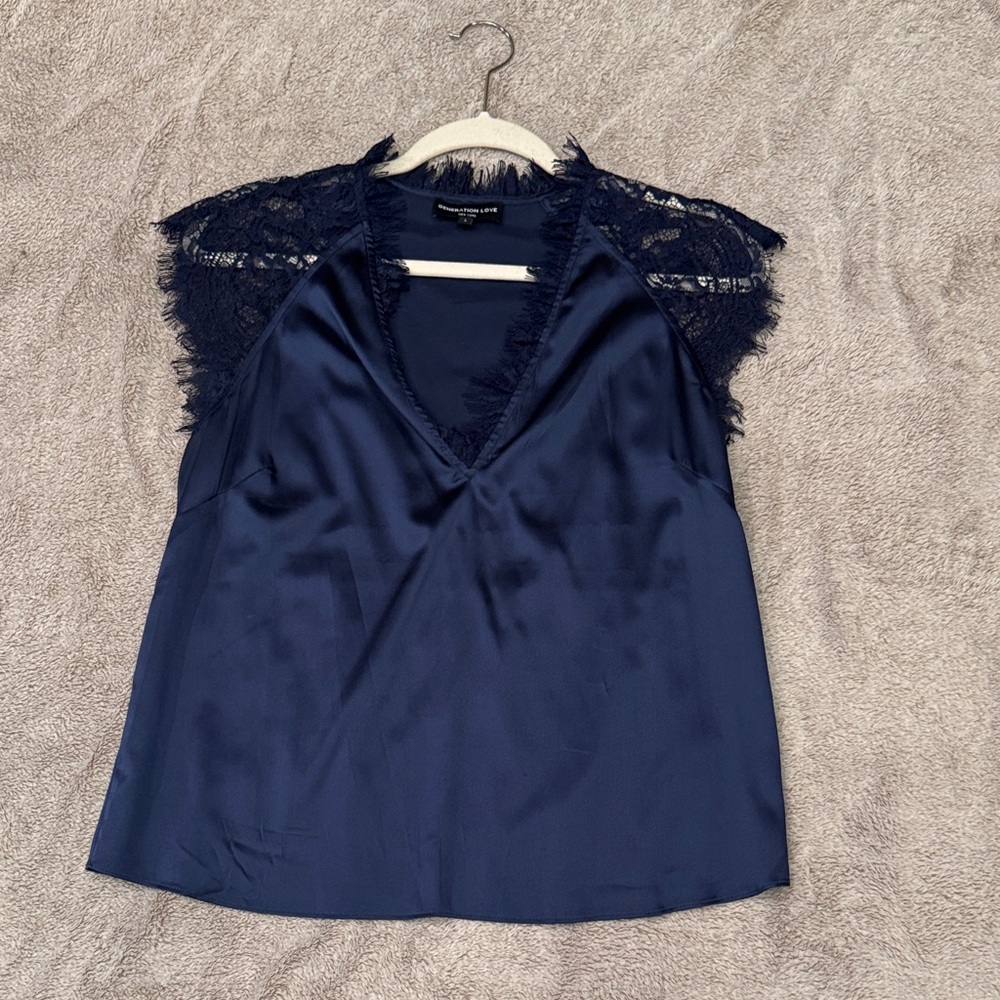 Generation Love Navy Satin Blouse with Lace Details